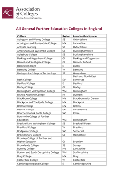 All General Further Education Colleges in England