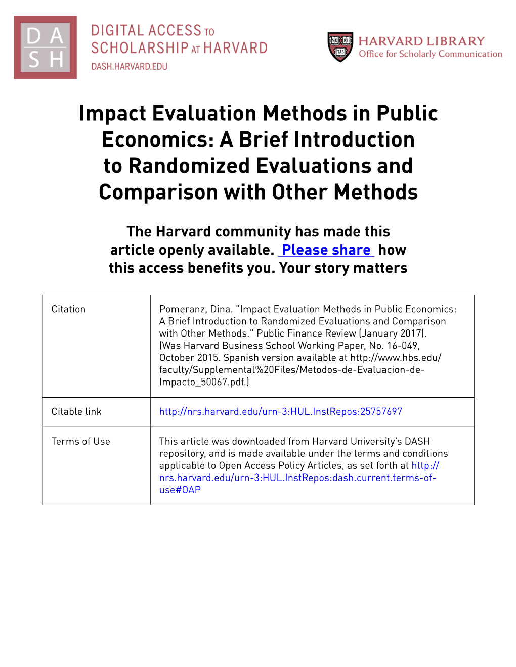 Impact Evaluation Methods in Public Economics: a Brief Introduction to Randomized Evaluations and Comparison with Other Methods