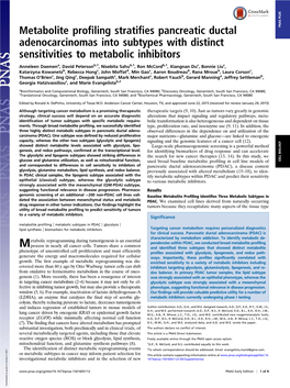 Metabolite Profiling Stratifies Pancreatic Ductal Adenocarcinomas