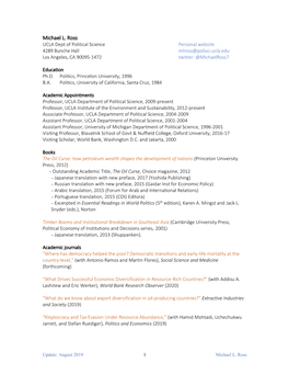Michael L. Ross UCLA Dept of Political Science Personal Website 4289 Bunche Hall Mlross@Polisci.Ucla.Edu Los Angeles, CA 90095-1472 Twitter: @Michaelross7