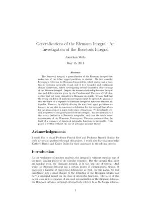 Generalizations of the Riemann Integral: an Investigation of the Henstock Integral