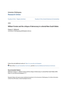 William Forster and the Critique of Democracy in Colonial New South Wales