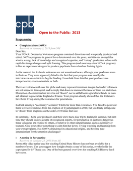 Open to the Public Report of Comments Received by CPB: Year