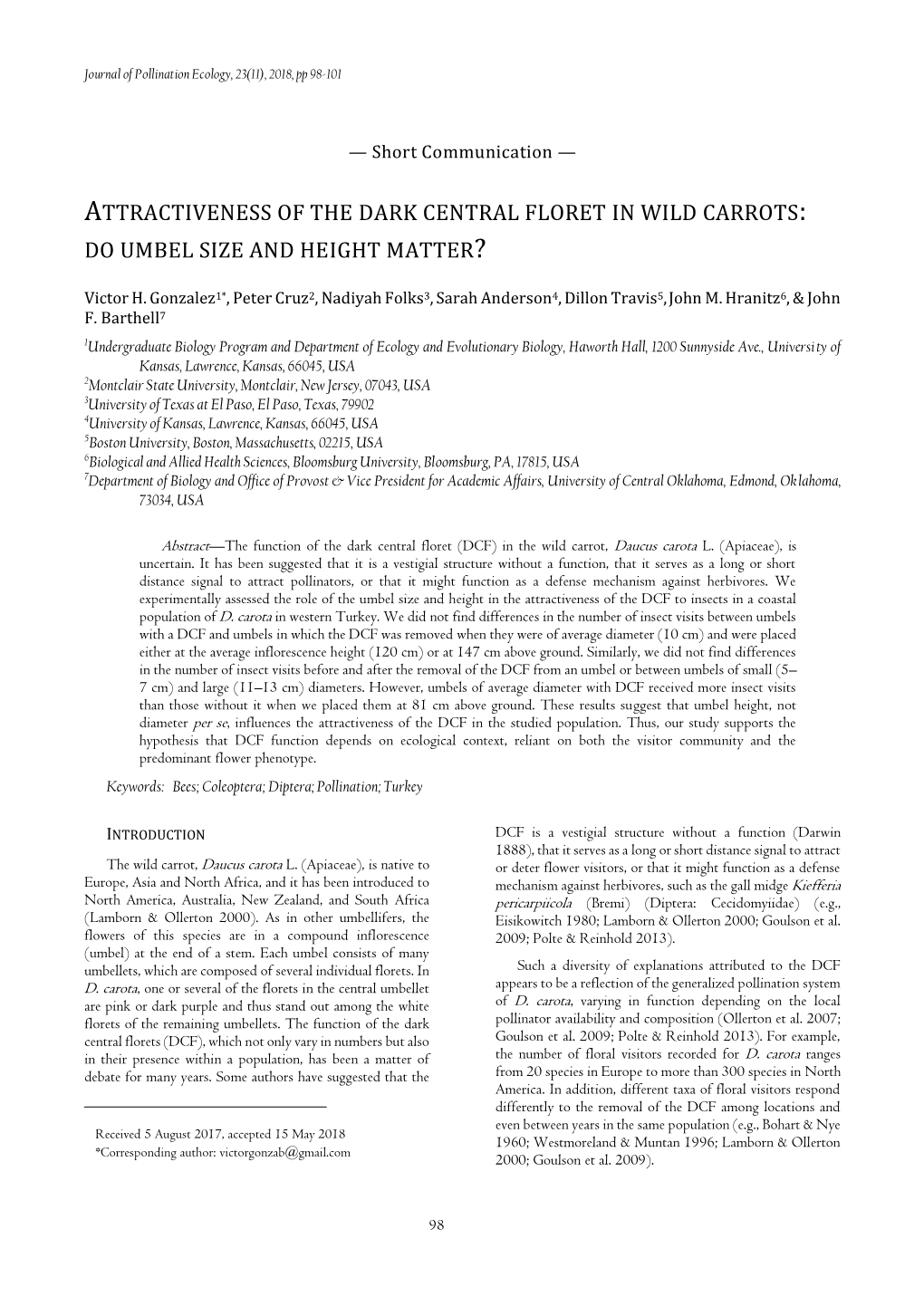 Attractiveness of the Dark Central Floret in Wild Carrots: Do Umbel Size and Height Matter?