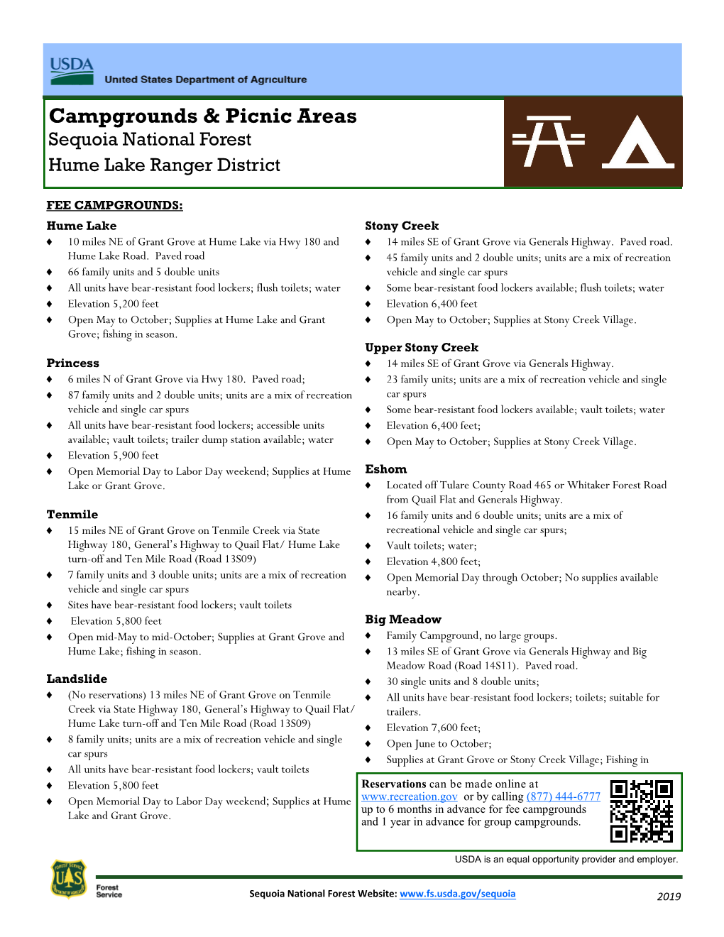 Campgrounds & Picnic Areas Hume Lake