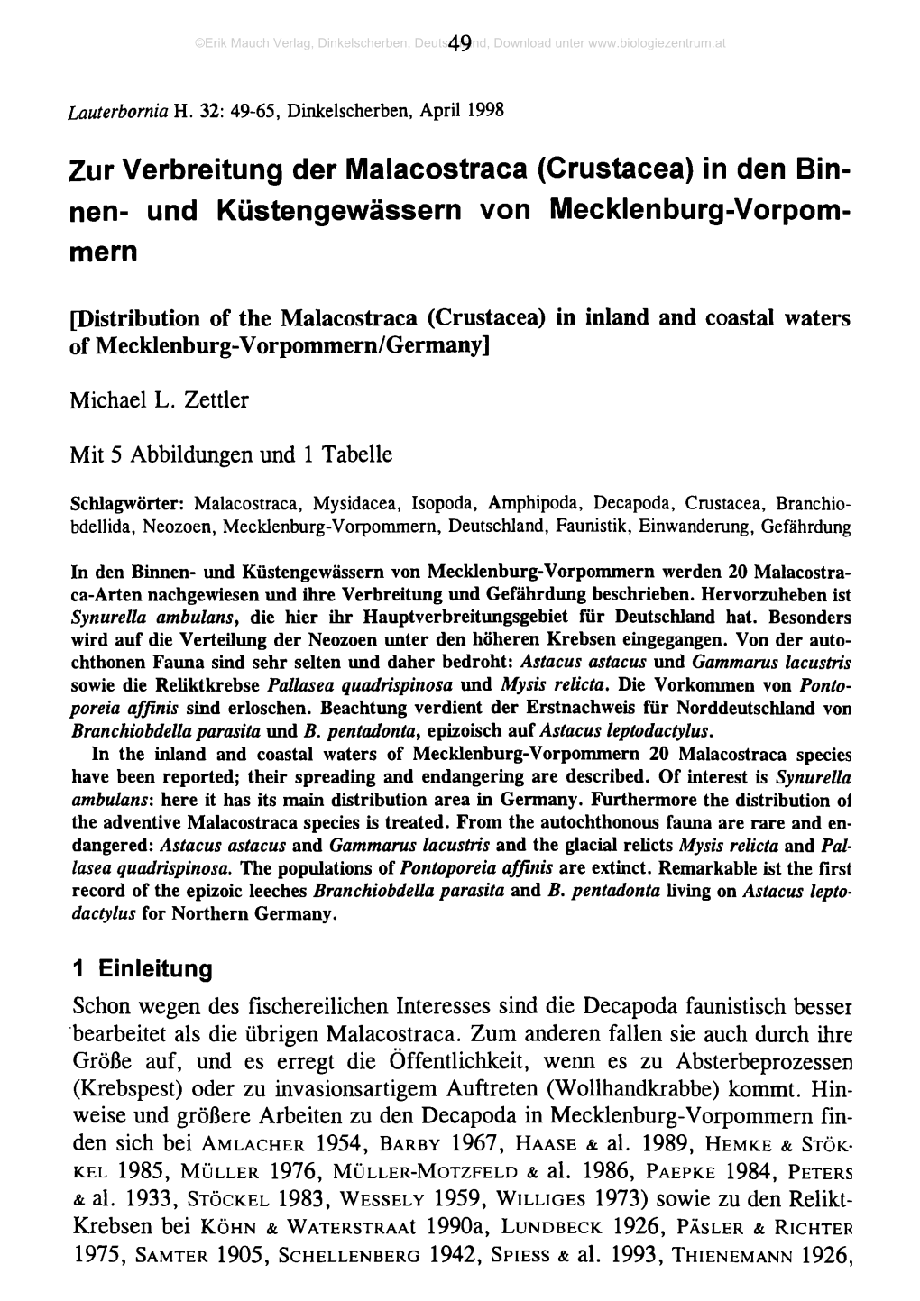 Zur Verbreitung Der Malacostraca (Crustacea) in Den Bin­ Nen- Und Küstengewässern Von Mecklenburg-Vorpom- Mern