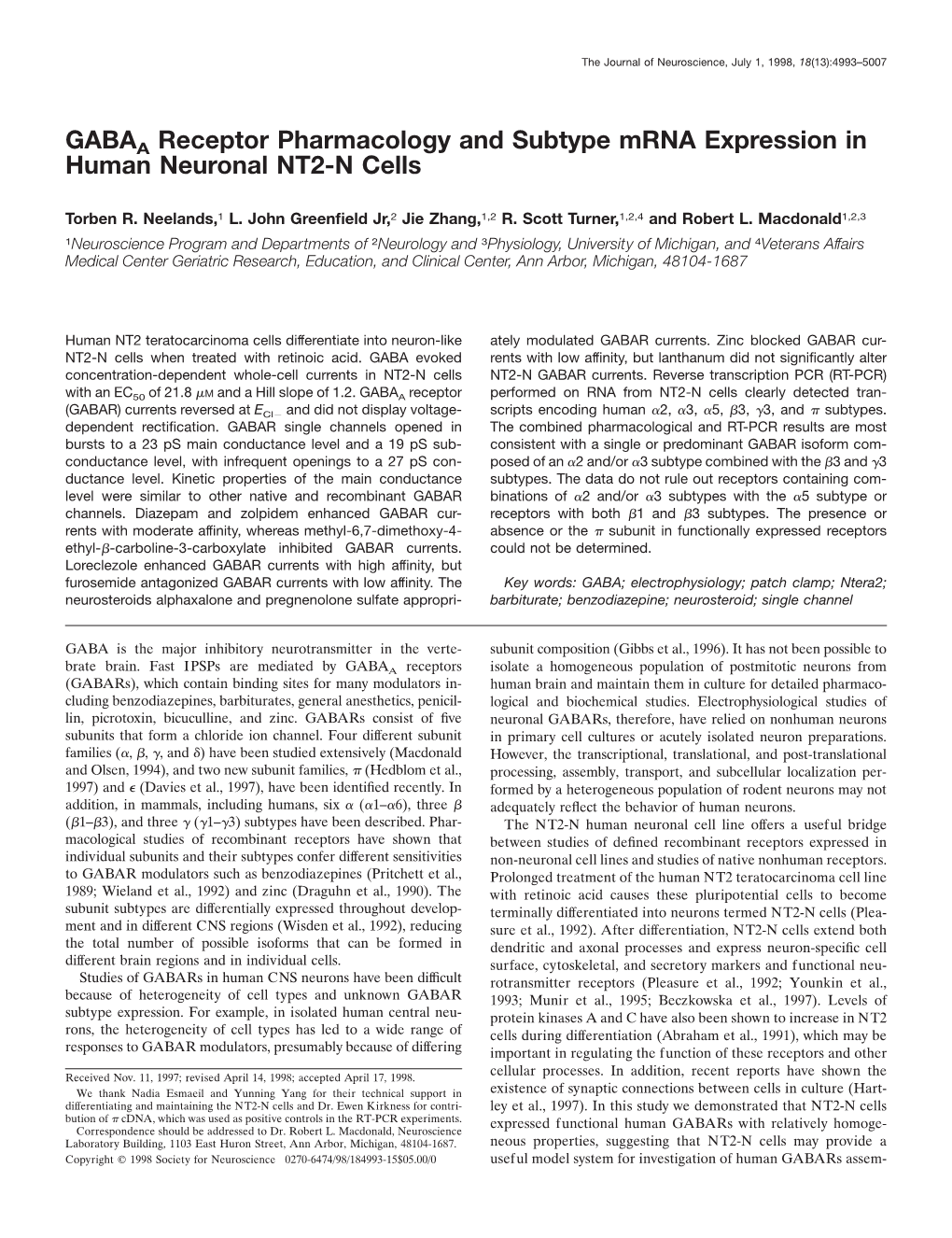 GABAA Receptor Pharmacology and Subtype Mrna Expression in Human Neuronal NT2-N Cells