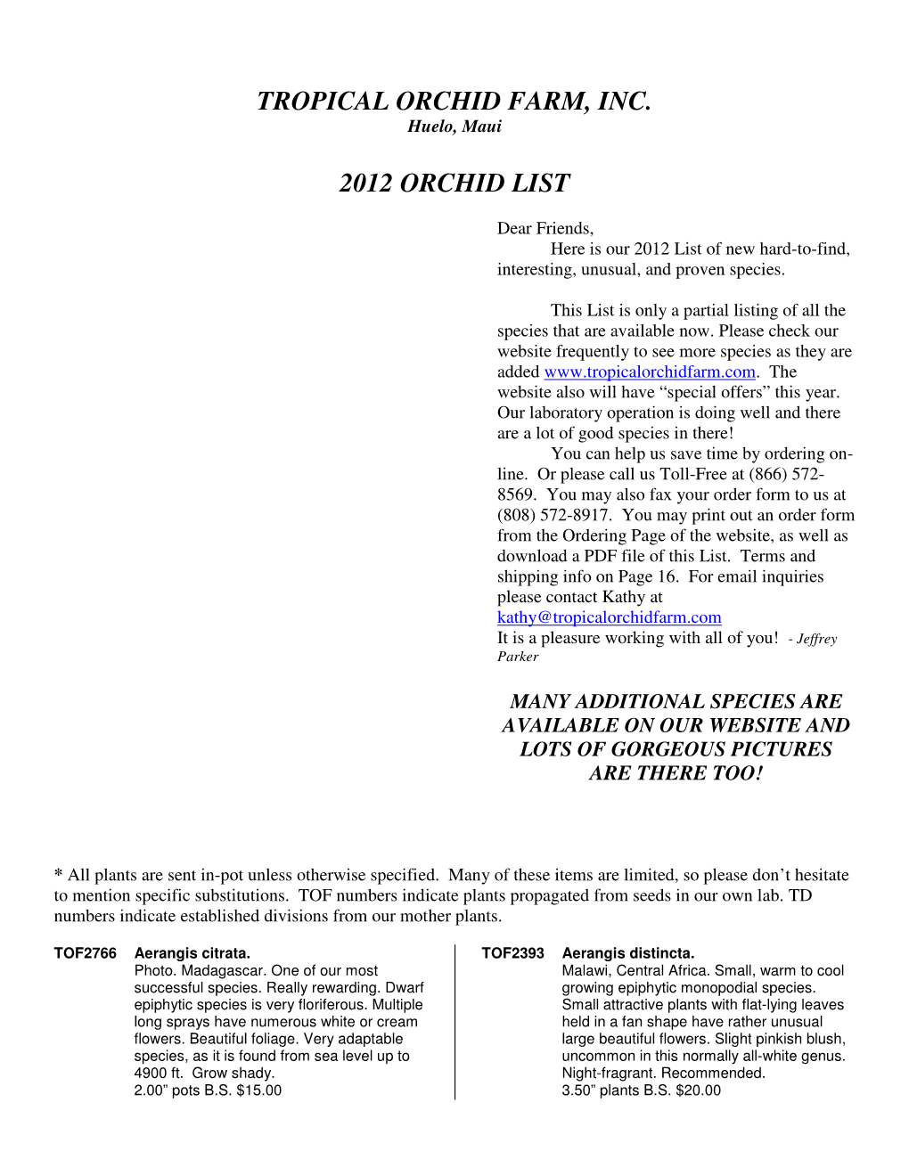 Tropical Orchid Farm, Inc. 2012 Orchid List
