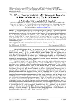 The Effect of Seasonal Variation on Physicochemical Properties of Tubewell Water of Latur District (MS), India