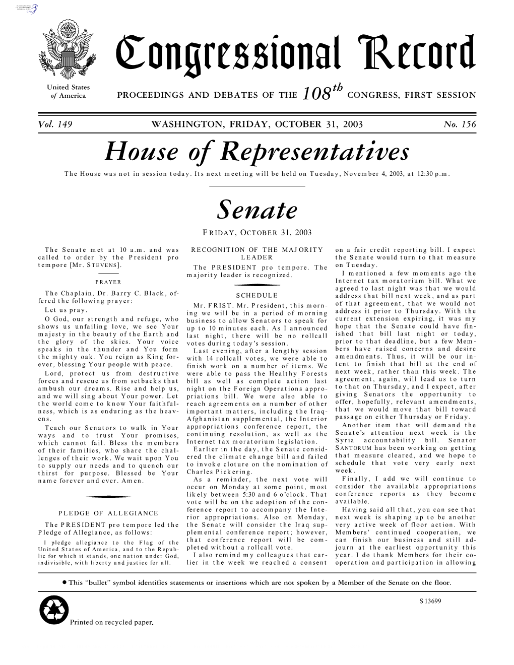 Congressional Record United States Th of America PROCEEDINGS and DEBATES of the 108 CONGRESS, FIRST SESSION