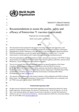 Recommendations to Assure the Quality, Safety and Efficacy of Enterovirus 71 Vaccines