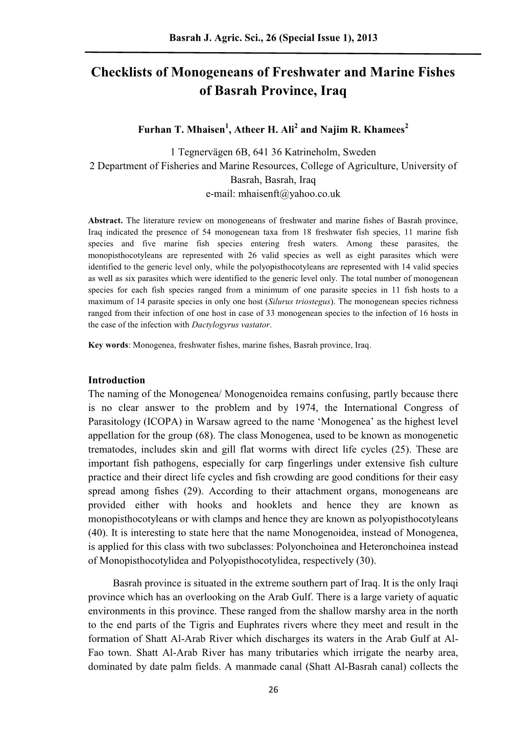 Checklists of Monogeneans of Freshwater and Marine Fishes of Basrah Province, Iraq