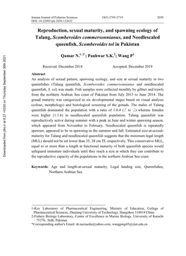 Reproduction, Sexual Maturity, and Spawning Ecology of Talang, Scomberoides Commersonnianus, and Needlescaled Queenfish, Scomberoides Tol in Pakistan