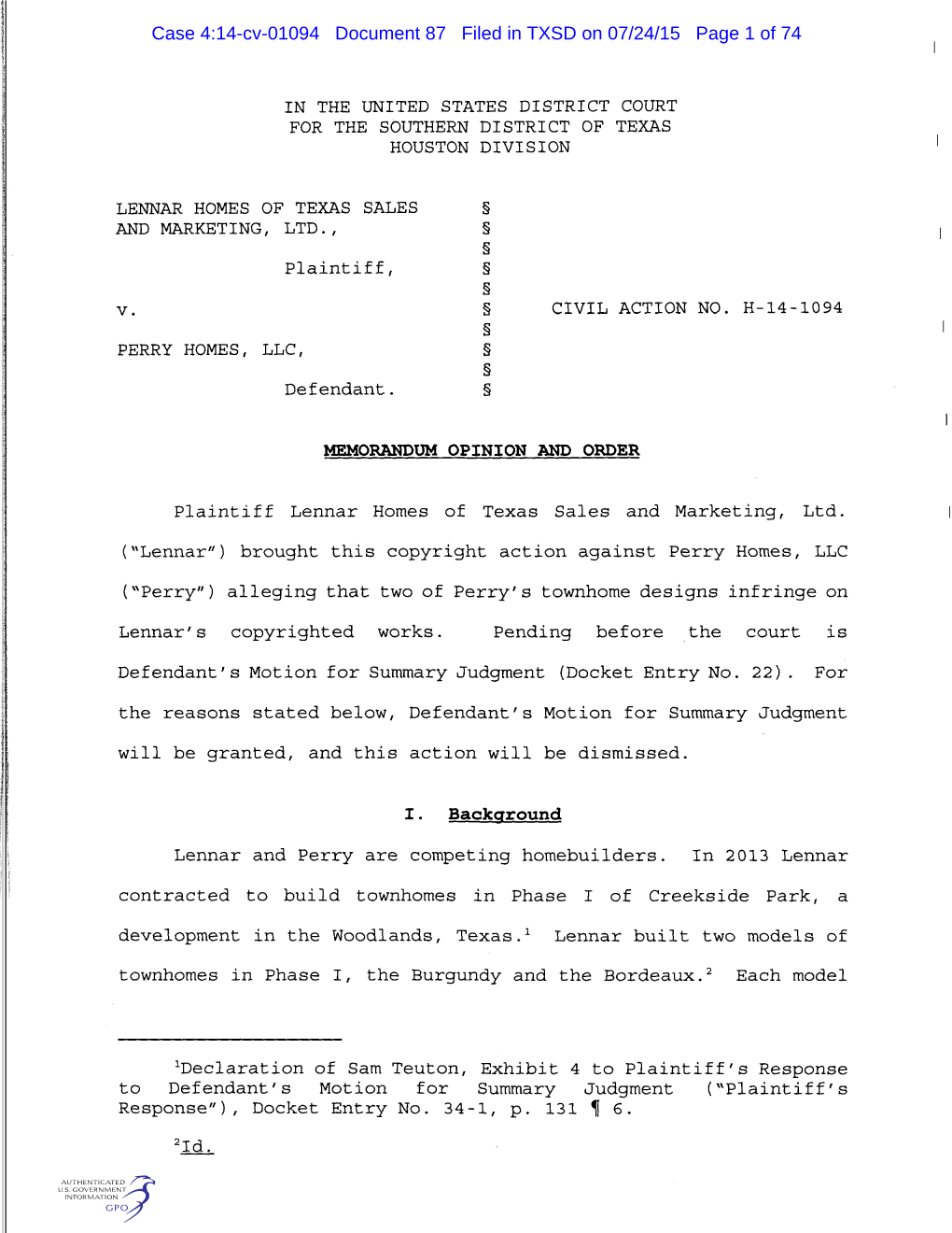 Case 4:14-Cv-01094 Document 87 Filed in TXSD on 07/24/15 Page 1 of 74