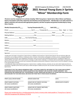 2021 Annual Young Guns Jr Sprints "Minor" Membership Form