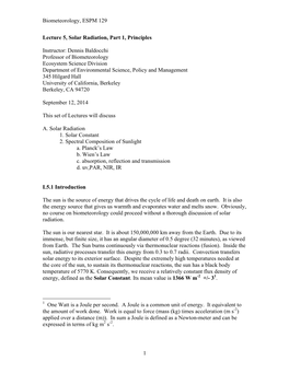 Biometeorology, ESPM 129 1 Lecture 5, Solar Radiation, Part 1, Principles Instructor