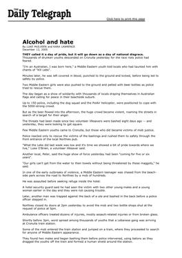 Alcohol and Hate by LUKE Mcilveen and KARA LAWRENCE December 12, 2005 THEY Called It a Day of Pride, but It Will Go Down As a Day of National Disgrace