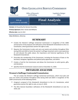 Final Analysis 133Rd General Assembly Click Here for S.B