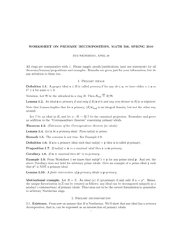 Worksheet on Primary Decomposition, Math 506, Spring 2010