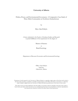 Politics, Power, and Environmental Governance: a Comparative Case Study of Three Métis Communities in Northwest Saskatchewan