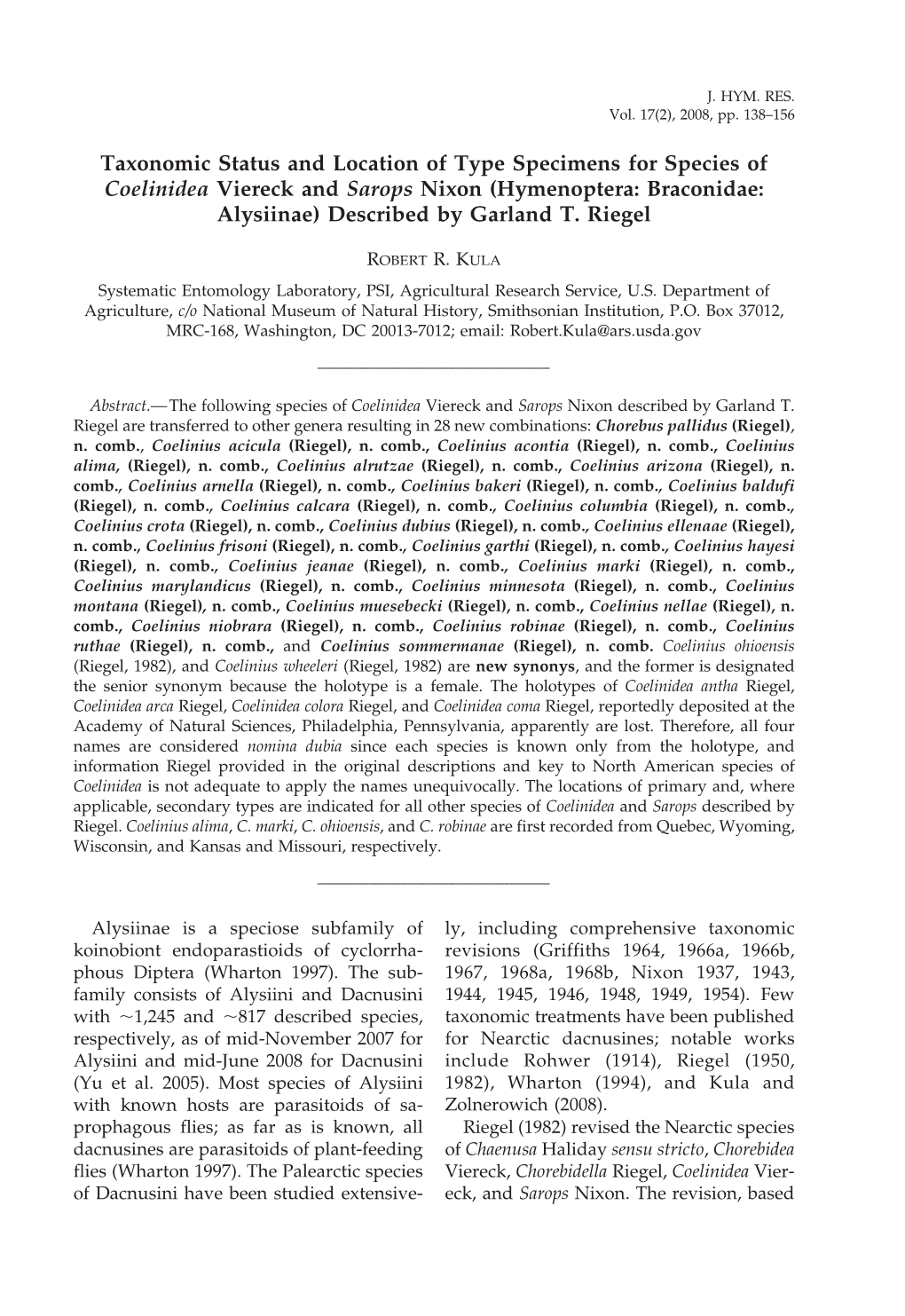 Taxonomic Status and Location of Type Specimens for Species of Coelinidea Viereck and Sarops Nixon (Hymenoptera: Braconidae: Alysiinae) Described by Garland T