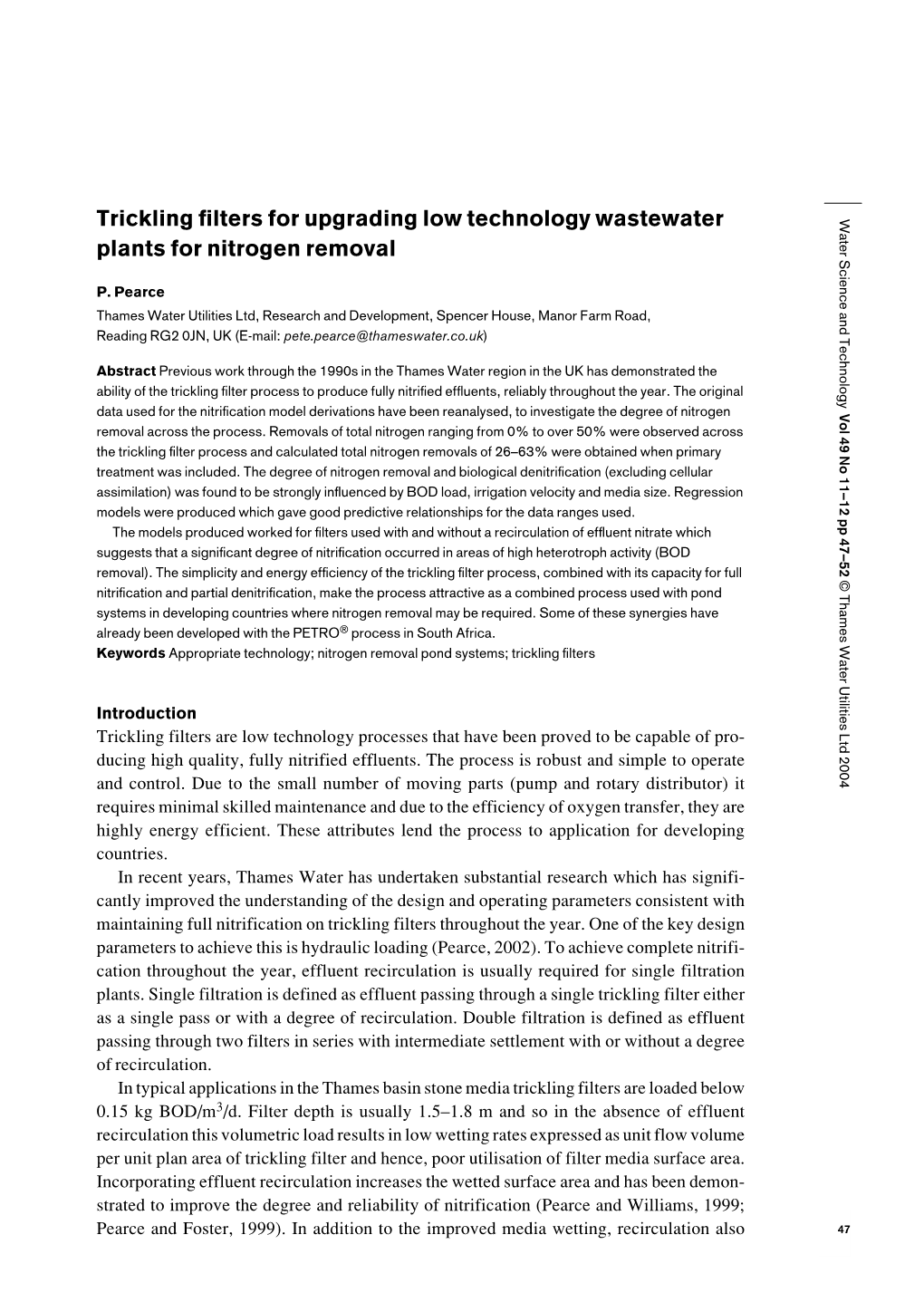 Trickling Filters for Upgrading Low Technology Wastewater Plants For