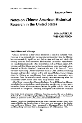Notes on Chinese American Historical Research in the United States