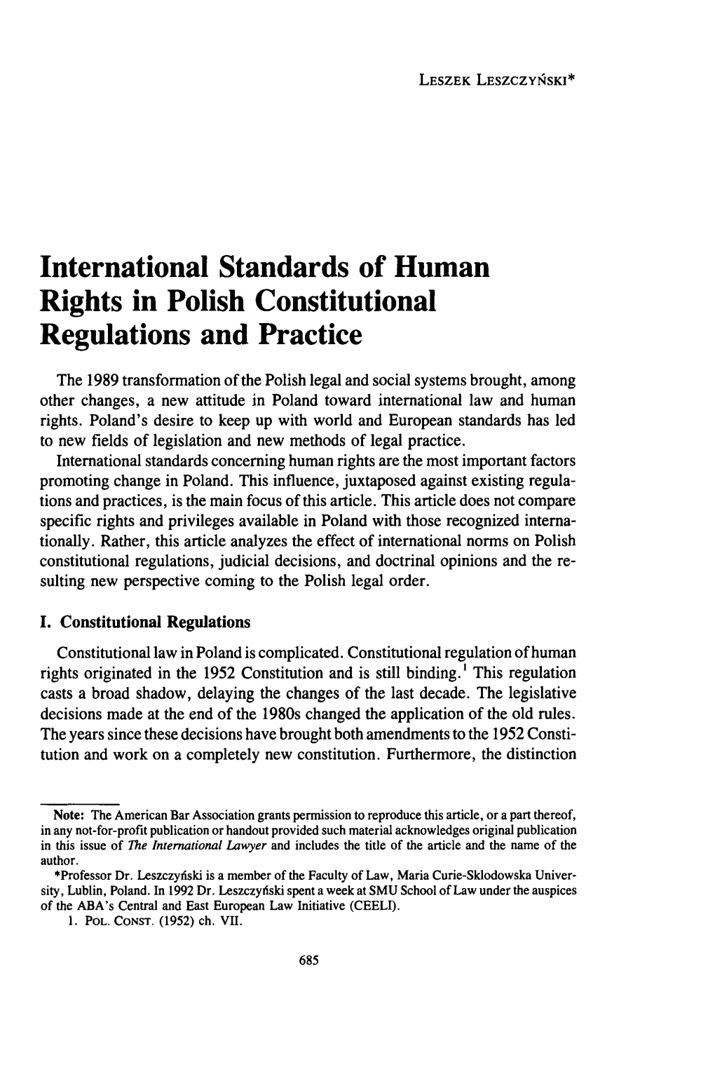 International Standards of Human Rights in Polish Constitutional Regulations and Practice