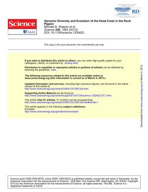 DOI: 10.1126/Science.1230422 , 1063 (2013); 339 Science Et Al. Michael D. Shapiro Pigeon Genomic Diversity and Evolution Of
