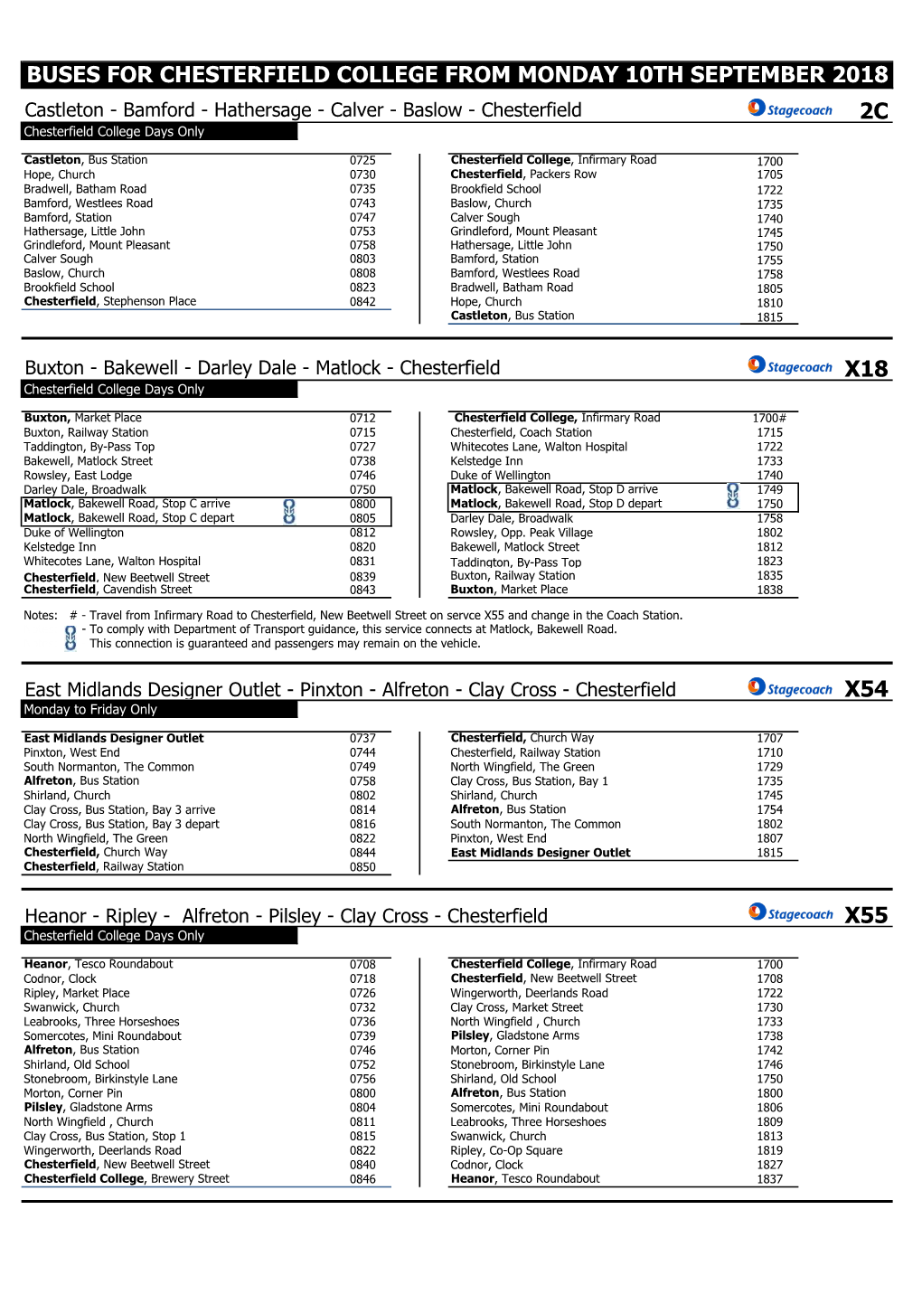 BUSES for CHESTERFIELD COLLEGE from MONDAY 10TH SEPTEMBER 2018 Castleton - Bamford - Hathersage - Calver - Baslow - Chesterfield 2C Chesterfield College Days Only