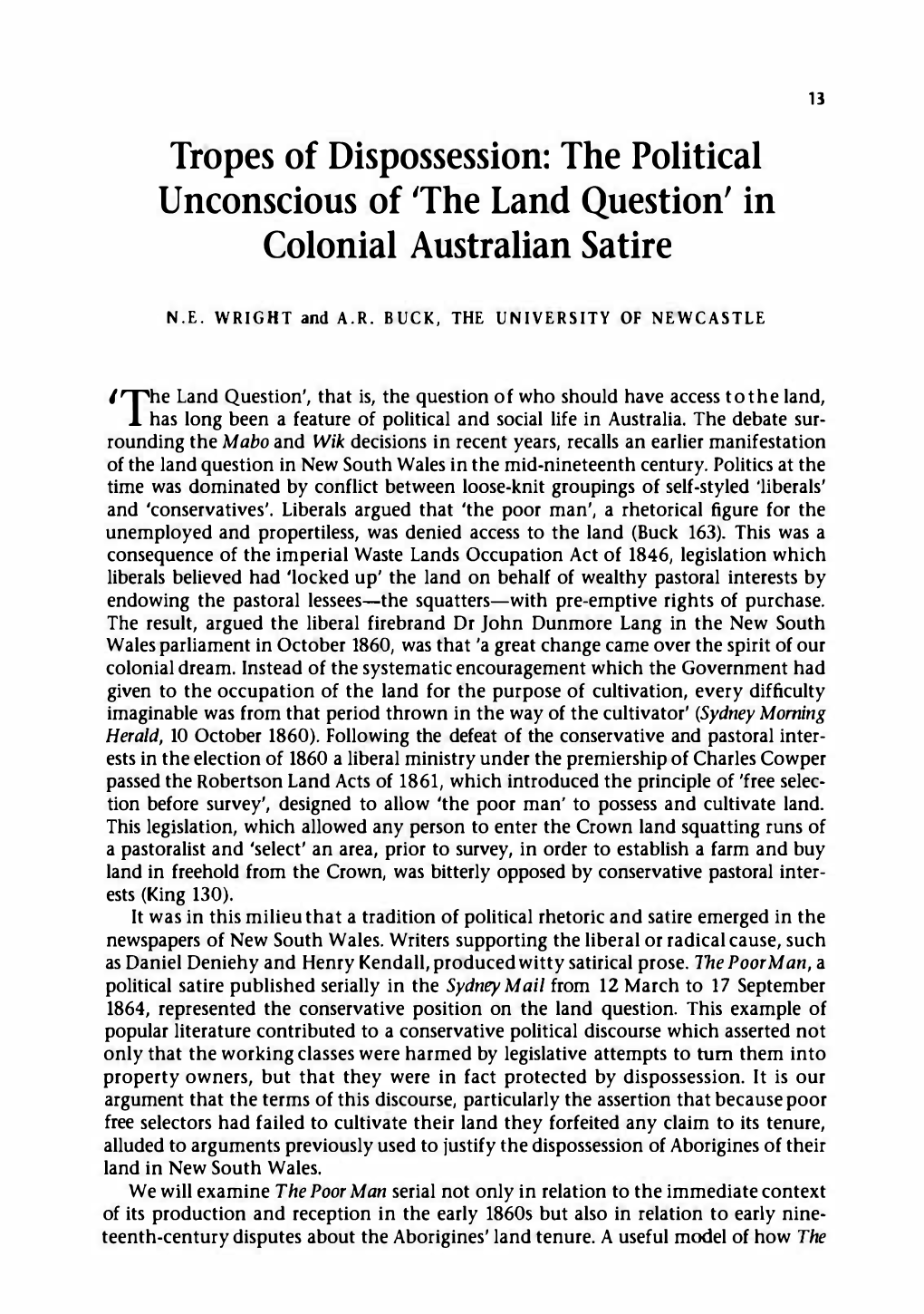 The Land Question' in Colonial Australian Satire