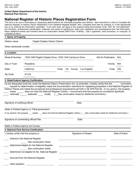 National Register of Historic Places Registration Form This Form Is for Use in Nominating Or Requesting Determinations for Individual Properties and Districts