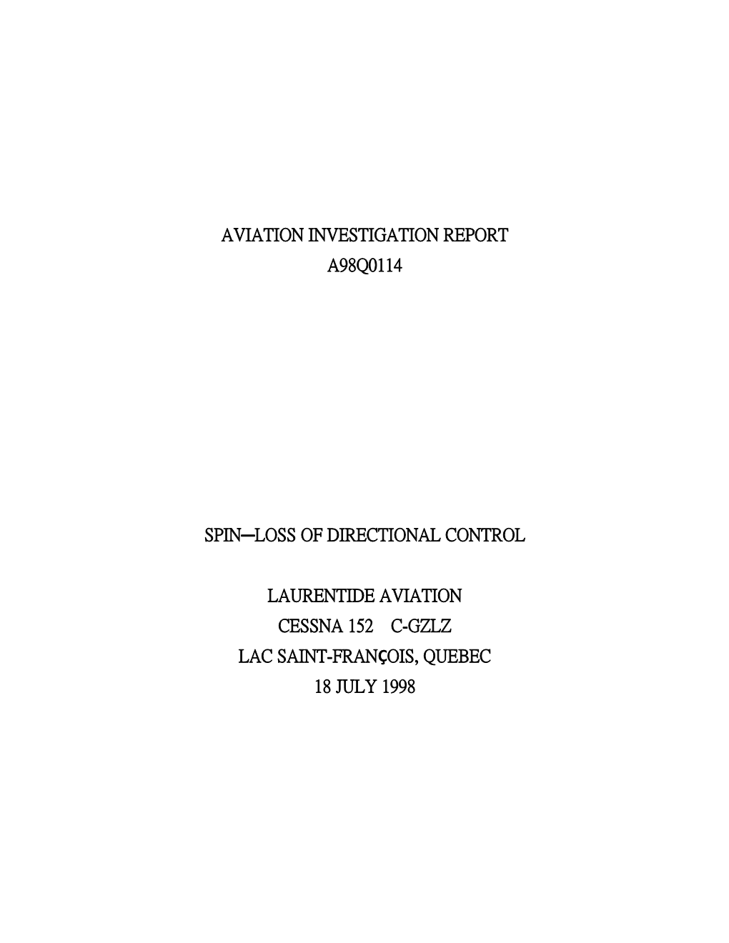 Aviation Investigation Report A98q0114