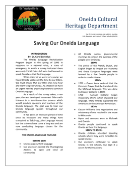 Oneida Cultural Heritage Department Saving Our Oneida Language