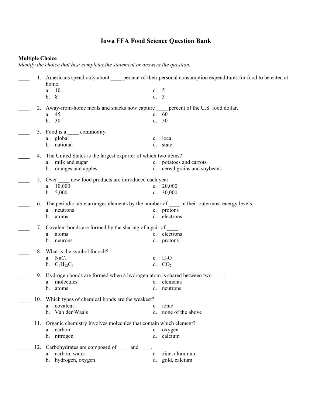 Iowa FFA Food Science Question Bank