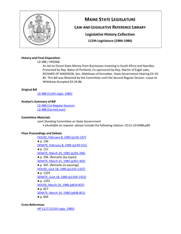 MAINE STATE LEGISLATURE Legislative History Collection
