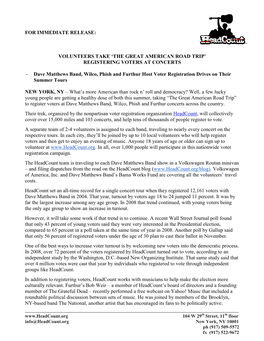 For Immediate Release: Volunteers Take 'The Great American Road Trip' Registering Voters at Concerts