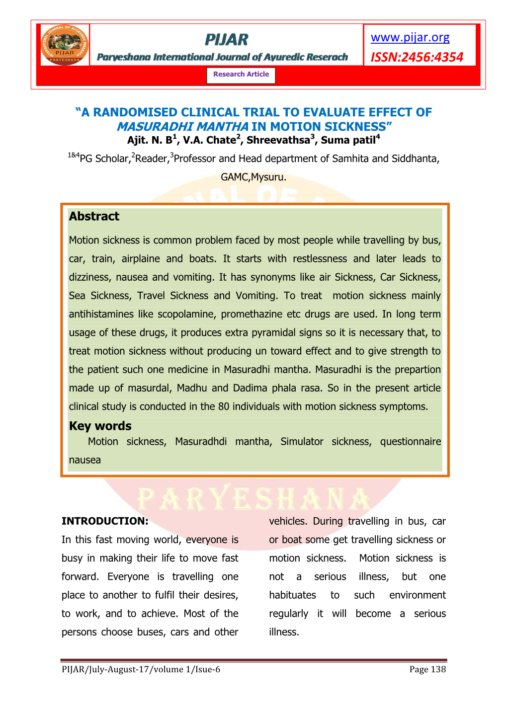 A RANDOMISED CLINICAL TRIAL to EVALUATE EFFECT of MASURADHI MANTHA in MOTION SICKNESS” Ajit