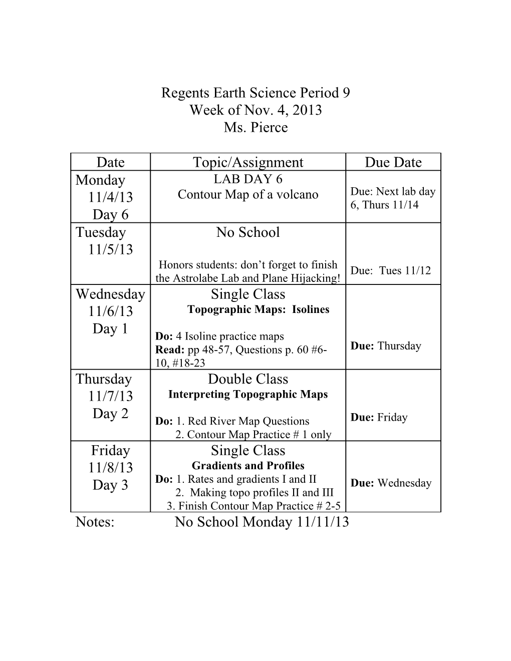 Regents Earth Science Periods ______