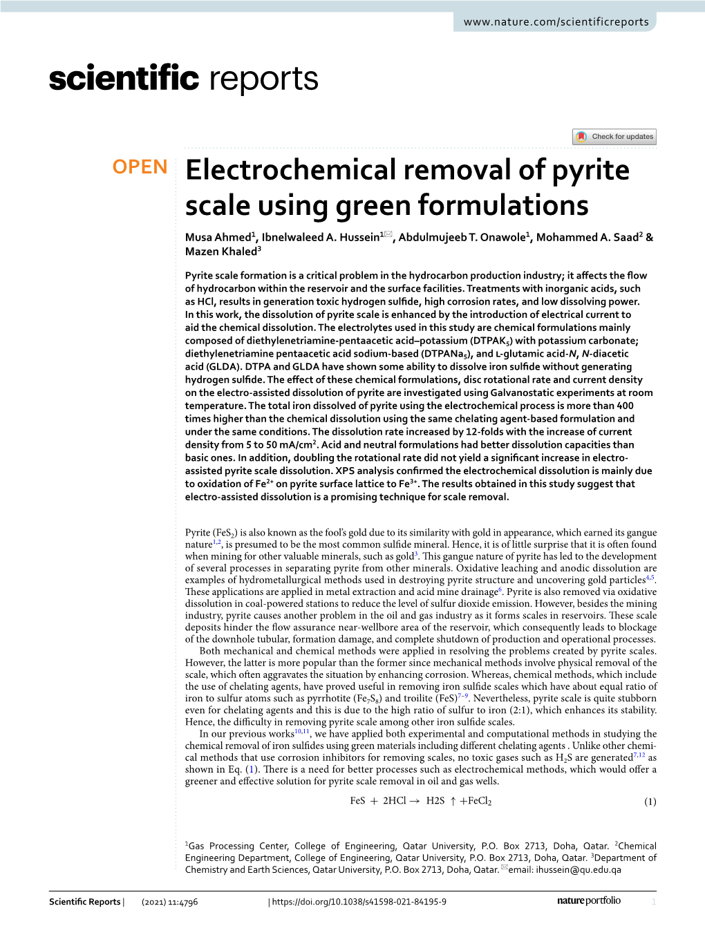 Electrochemical Removal of Pyrite Scale Using Green Formulations Musa Ahmed1, Ibnelwaleed A