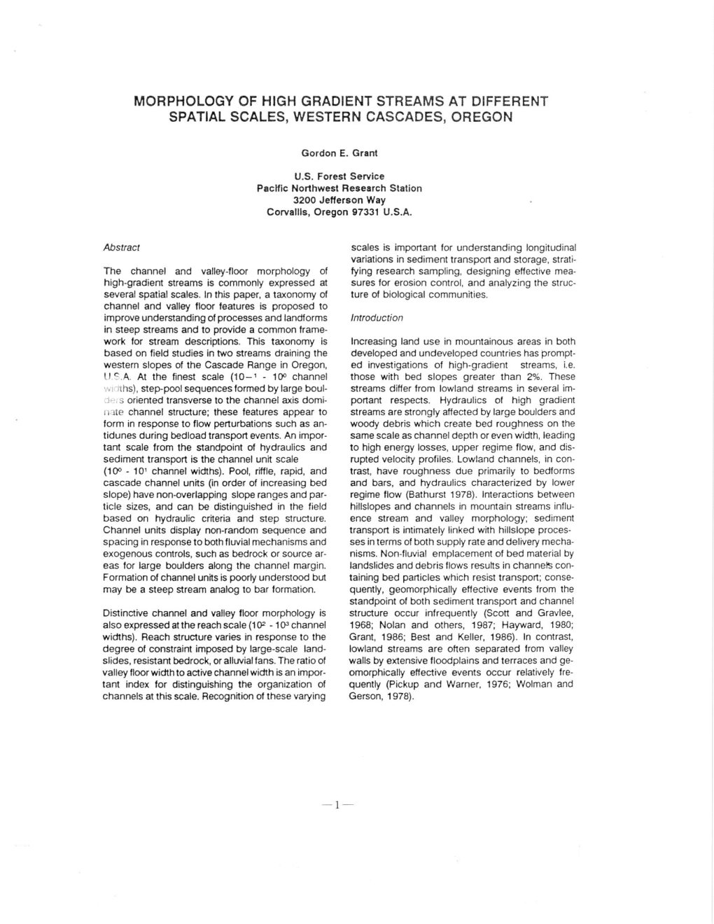 Morphology of High Gradient Streams at Different Spatial Scales, Western Cascades, Oregon