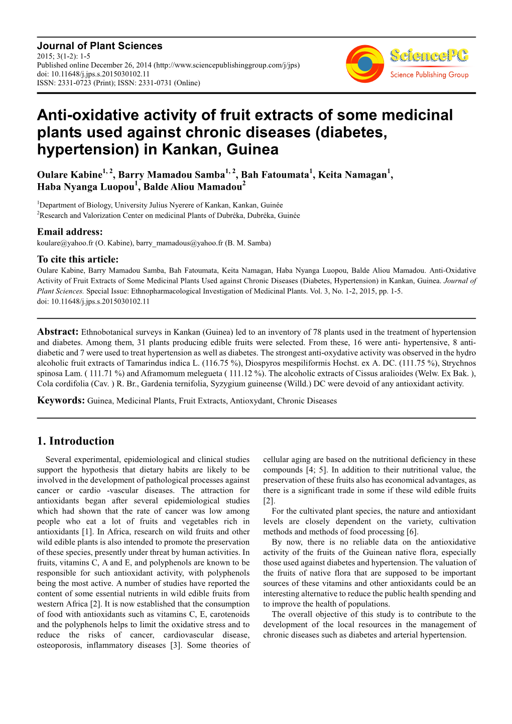 Anti-Oxidative Activity of Fruit Extracts of Some Medicinal Plants Used Against Chronic Diseases (Diabetes, Hypertension) in Kankan, Guinea