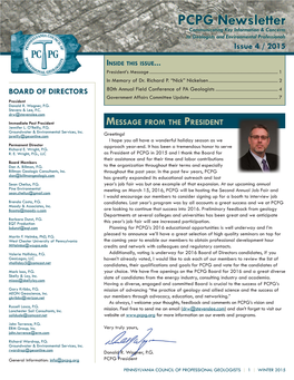 PCPG Newsletter Communicating Key Information & Concerns to Geologists and Environmental Professionals Issue 4 / 2015