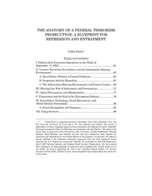The Anatomy of a Federal Terrorism Prosecution: a Blueprint for Repression and Entrapment