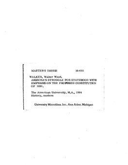 Arizona's Struggle for Statehood with Emphasis on the Proposed Constitution O F 1891