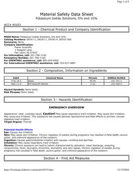 Material Safety Data Sheet Potassium Iodide Solutions, 5% and 10%