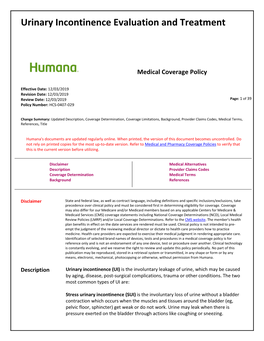 Urinary Incontinence Evaluation and Treatment