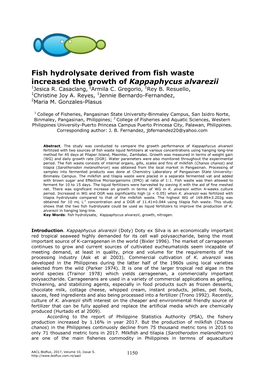 Fish Hydrolysate Derived from Fish Waste Increased the Growth of Kappaphycus Alvarezii 1Jesica R