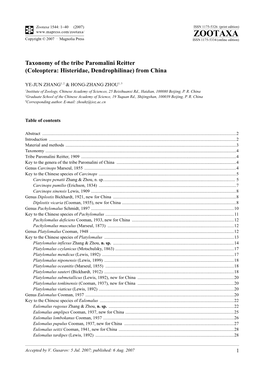 Zootaxa,Taxonomy of the Tribe Paromalini Reitter