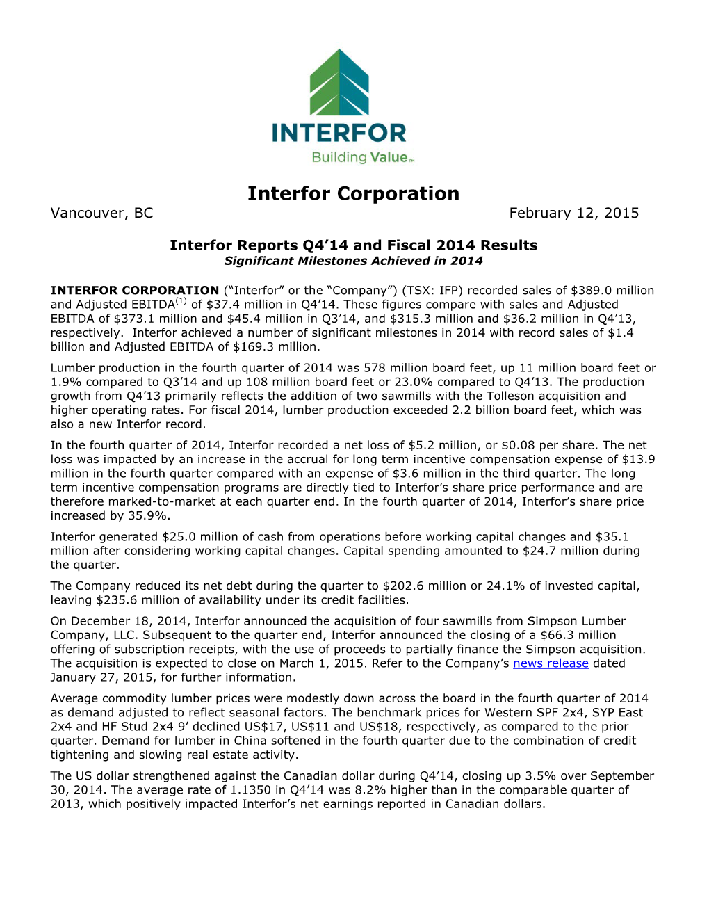 Interfor Reports Q4'14 and Fiscal 2014 Results